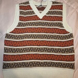 Zara Women’s V-Neck Heart Sweater Vest - Cream, Brown, and Orange